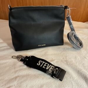 Steve Madden Black Faux Leather Messenger Bag with Branded Strap